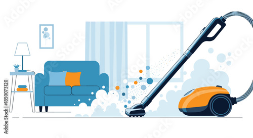 Modern orange canister vacuum cleaner cleaning dust and colorful debris in stylish blue living room for professional home maintenance.