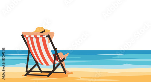 Person relaxing in red striped lounge chair on sandy beach looking at deep blue ocean horizon during peaceful summer holiday vacation.