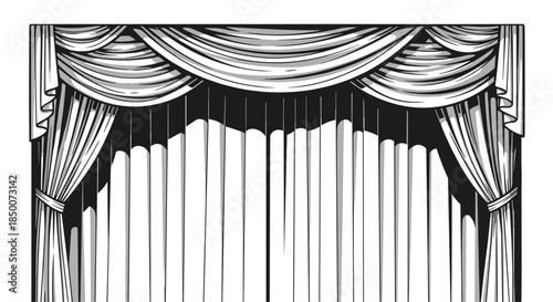 Elegant black and white theater stage curtains with detailed decorative drapes and valance for performance and entertainment themes.