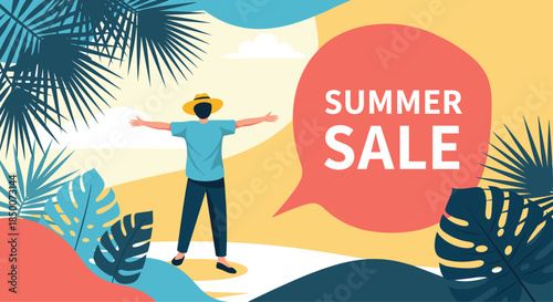 Bright summer sale promotional banner with happy person on tropical beach surrounded by exotic palm leaves and warm sunshine background.