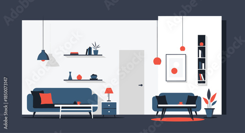 Minimalist modern living room interior design with comfortable blue sofa, shelving, decor, and contemporary furniture in a clean apartment.