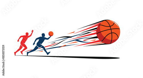 Silhouettes of basketball players in action with fast moving flaming ball representing team competition and athletic performance in game.