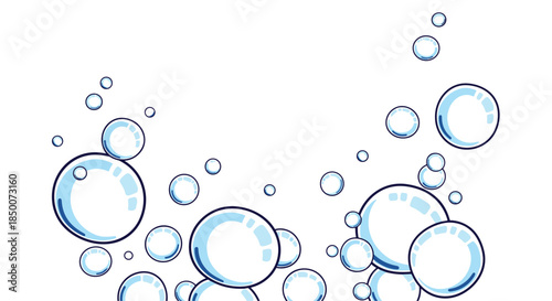Dynamic large cluster of shiny blue bubbles floating against white background for cleaning products or refreshing carbonated beverages.