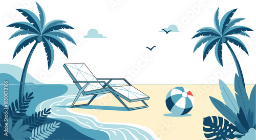 Peaceful tropical seaside landscape featuring modern white lounge chair and beach ball on sandy shore with palm trees and ocean waves.