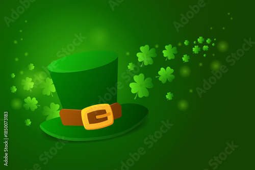 Horizontal greeting card with green background featuring a classic Irish hat and flying four leaf clovers. Clean festive composition with open copy space for custom text, messages, or branding.
