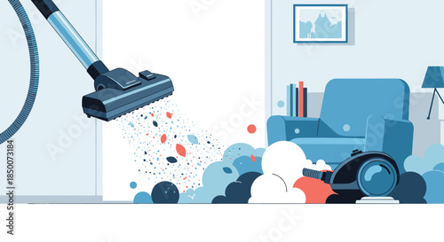 Modern canister vacuum cleaner removing dust and colorful debris from stylish living room floor during a thorough home cleaning session.