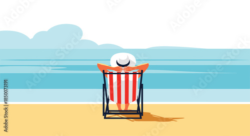 Relaxed person sitting on a striped deck chair at a sunny tropical beach while looking at the calm blue ocean waves during a summer vacation.
