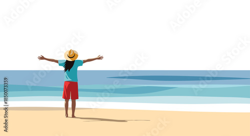 Young woman wearing a hat stands on a sandy beach with arms outstretched enjoying the ocean view and summer vacation.