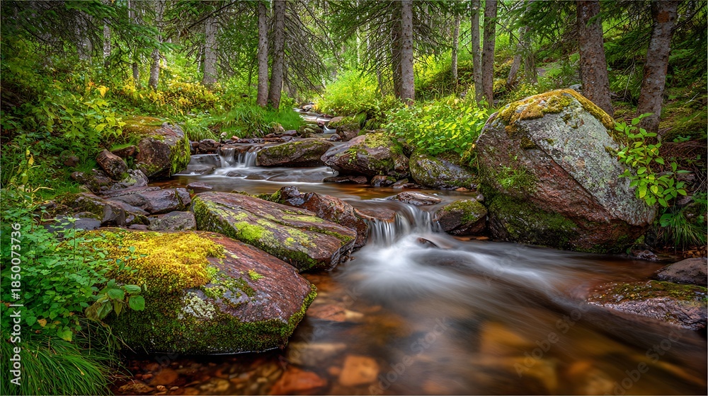 Fototapeta premium Lush forest scene featuring a flowing stream winding through moss-covered rocks and greenery