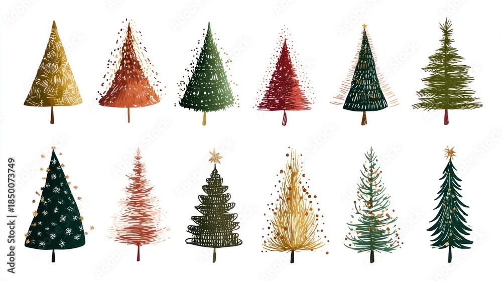 Obraz premium Flat hand-drawn Christmas tree set, isolated on transparent background, vector EPS 10