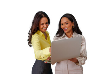Two businesswomen collaborating and discussing work using a laptop with a transparent background