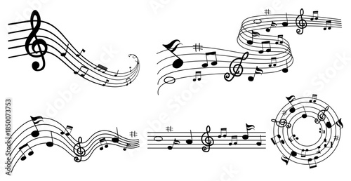 Music notes wave. Flowing musical staff lines with notes, clefs and melody rhythm patterns in dynamic circular, spiral and wavy shapes.