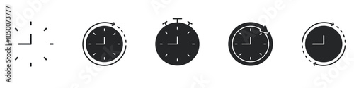 Clock And Stopwatch Solid Icon Set. Time Management, Scheduling, And Efficiency Silhouette Symbol Collection. Timekeeping And Productivity Tools. Isolated Vector Illustration