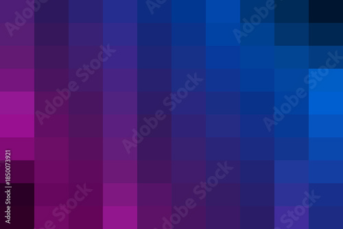Abstract pixelated gradient background featuring a seamless transition of color blocks from vibrant magenta to deep blue, modern digital art