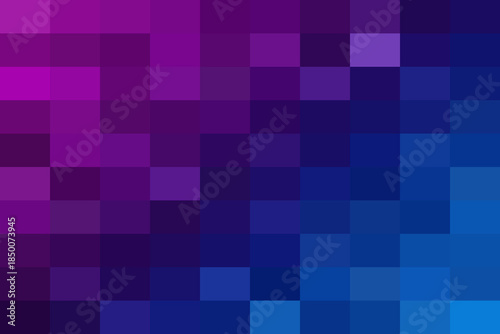 Abstract geometric gradient background featuring a mosaic of square pixels, smoothly transitioning from vibrant magenta to deep purple and calming blue hues