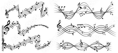 Music notes wave. Flowing musical staff lines with notes, clefs and melody rhythm patterns in dynamic circular, spiral and wavy shapes.