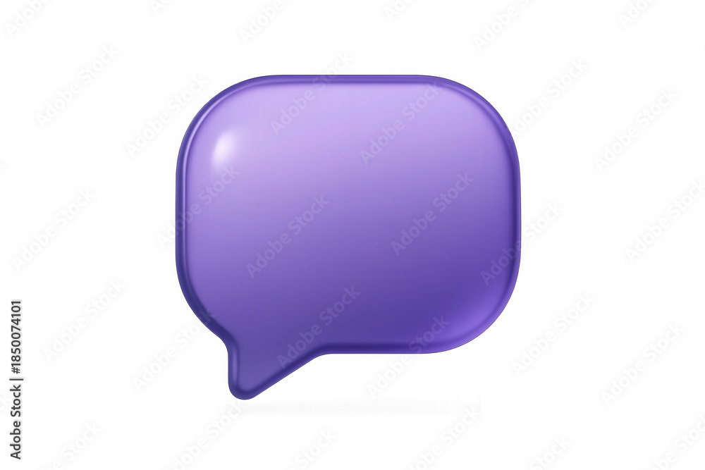 Fototapeta premium Transparent deep violet glassmorphism message bubble icon floating isolated on a clean white background for modern app UI design with soft light reflections.