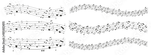 Music notes wave. Flowing musical staff lines with notes, clefs and melody rhythm patterns in dynamic circular, spiral and wavy shapes.