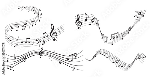 Music notes wave. Flowing musical staff lines with notes, clefs and melody rhythm patterns in dynamic circular, spiral and wavy shapes.