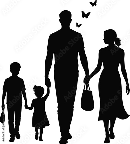 Family walking silhouettes, parents with children holding hands, love togetherness concept isolated white background vector