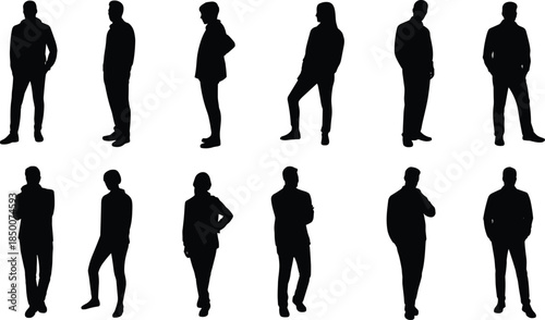 Male standing silhouettes set, casual business men poses collection, human figures isolated white background vector