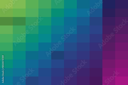 Green to blue to purple gradient pixel mosaic background. abstract colorful square tiles texture, digital art color blend for modern design.