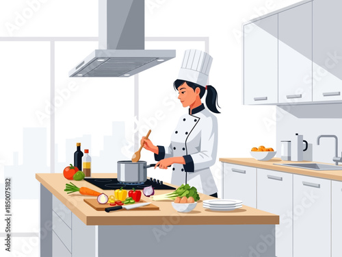 Chef stirring pot on island counter with fresh ingredients and city view