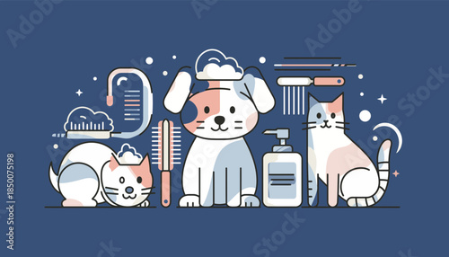 Grooming session for pets with various grooming tools surrounding a dog and two cats in a clean environment from a front viewpoint