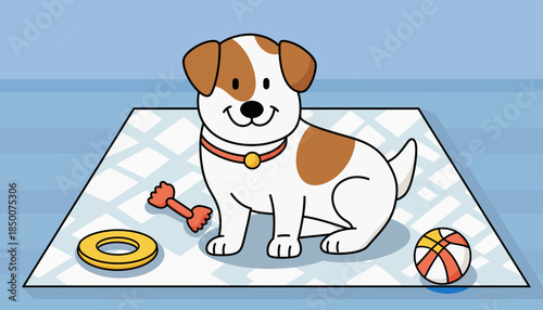 A dog sitting on a rug surrounded by toys in a cozy room with a calm atmosphere from a front viewpoint