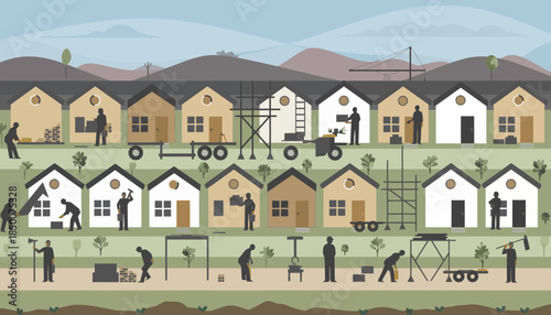 Construction site with workers building new homes in a landscape with mountains in the background