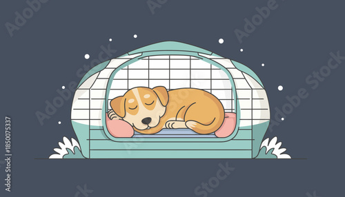 A dog sleeps peacefully inside a kennel on a snowy night