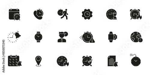 Time Management And Scheduling Solid Icon Set. Efficient Planning, Deadline Tracking, And Global Time Coordination Silhouette Symbol Collection. Isolated Vector Illustration