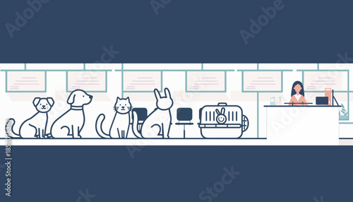 Veterinary clinic scene with dogs and cats waiting for consultation with a veterinarian at the reception desk