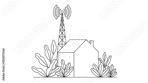 Simple line drawing of a house with a rooftop antenna and surrounding vegetation