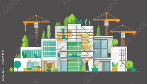Modern Building Under Construction with Cranes and Greenery