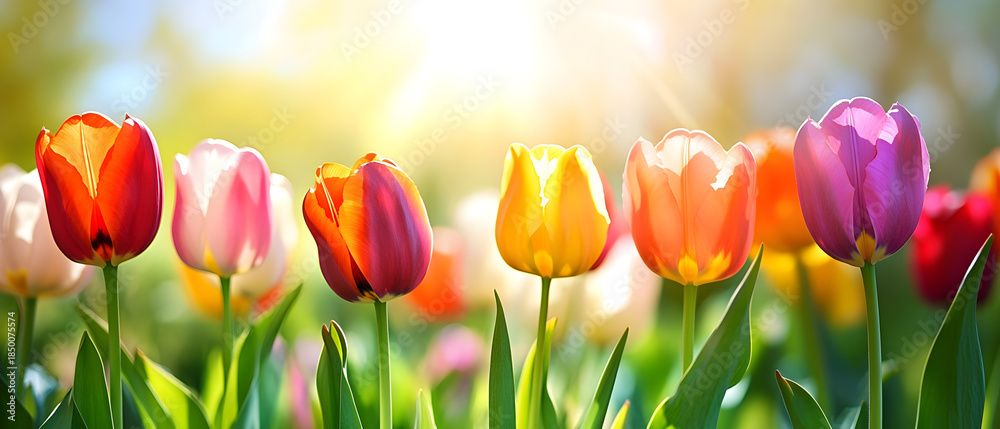 Fototapeta premium Vibrant tulips in colorful bloom under sunny springtime sky