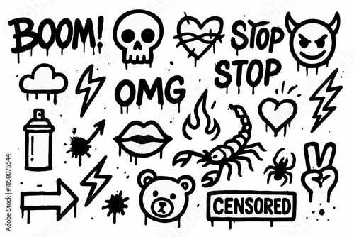 Graffiti doodle vector set created in a raw spray-painted black ink style with dripping textures and grunge edges, isolated on white background
