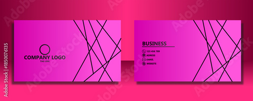 Pink gradient business card design with abstract lines and placeholder text for company logo and contact information.