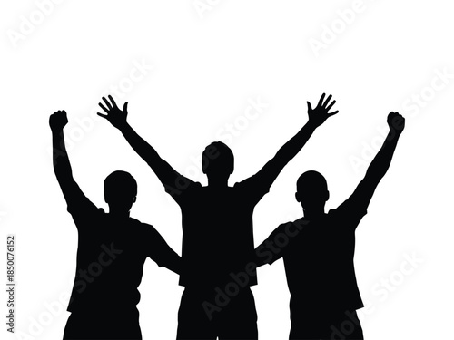 Three silhouettes of people with arms raised in a celebratory pose