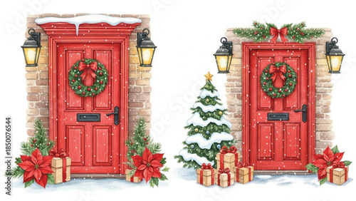 Watercolor Christmas Red Front Door with Wreath, Brick Wall, Lanterns, Snow and Gift Boxes