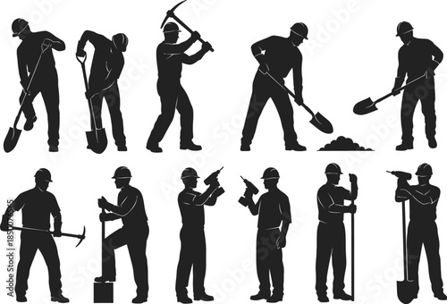 Silhouettes of workers performing various manual labor tasks in a dark setting
