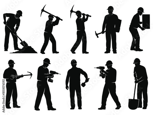 Silhouettes of construction workers in various poses with tools displayed