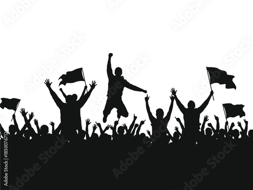 A jubilant crowd celebrates with raised arms and waving flags in silhouette