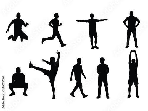 Silhouettes of people performing various athletic exercises and dynamic poses