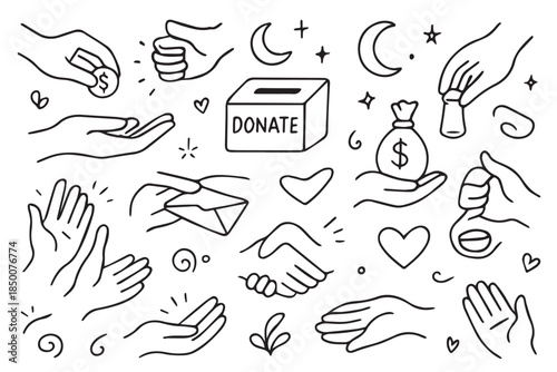 Hand-drawn doodle vector set of charity hands, created in a fun, sketchy doodle style, isolated on white background
