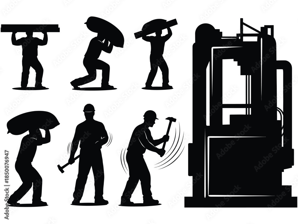 Obraz premium Silhouettes of construction workers performing various tasks at a building site