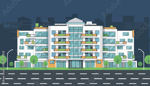 Modern apartment building with lush greenery viewed from across the road at dusk