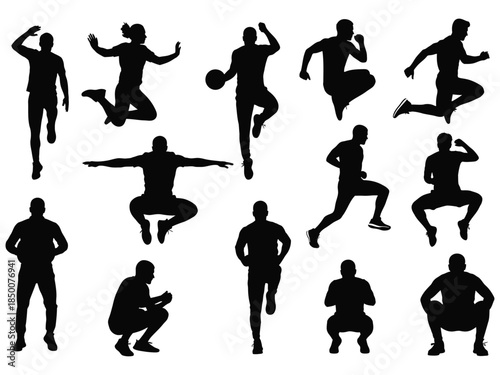 Silhouettes of people in various dynamic and active poses displayed