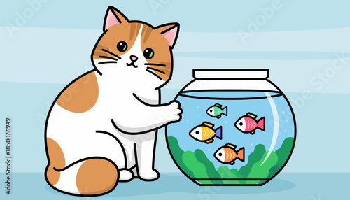 Curious cat gazing at colorful fish swimming in a round aquarium on a calm background