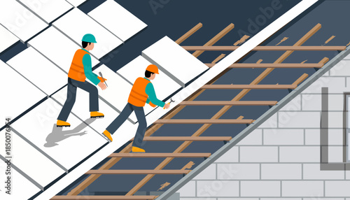 Construction workers installing roof tiles on a building site from an aerial view